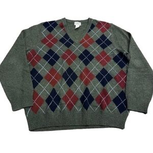 L. L. Bean Lamb’s Wool Argyle Sweater Men’s V-neck Preppy Academia Size Large